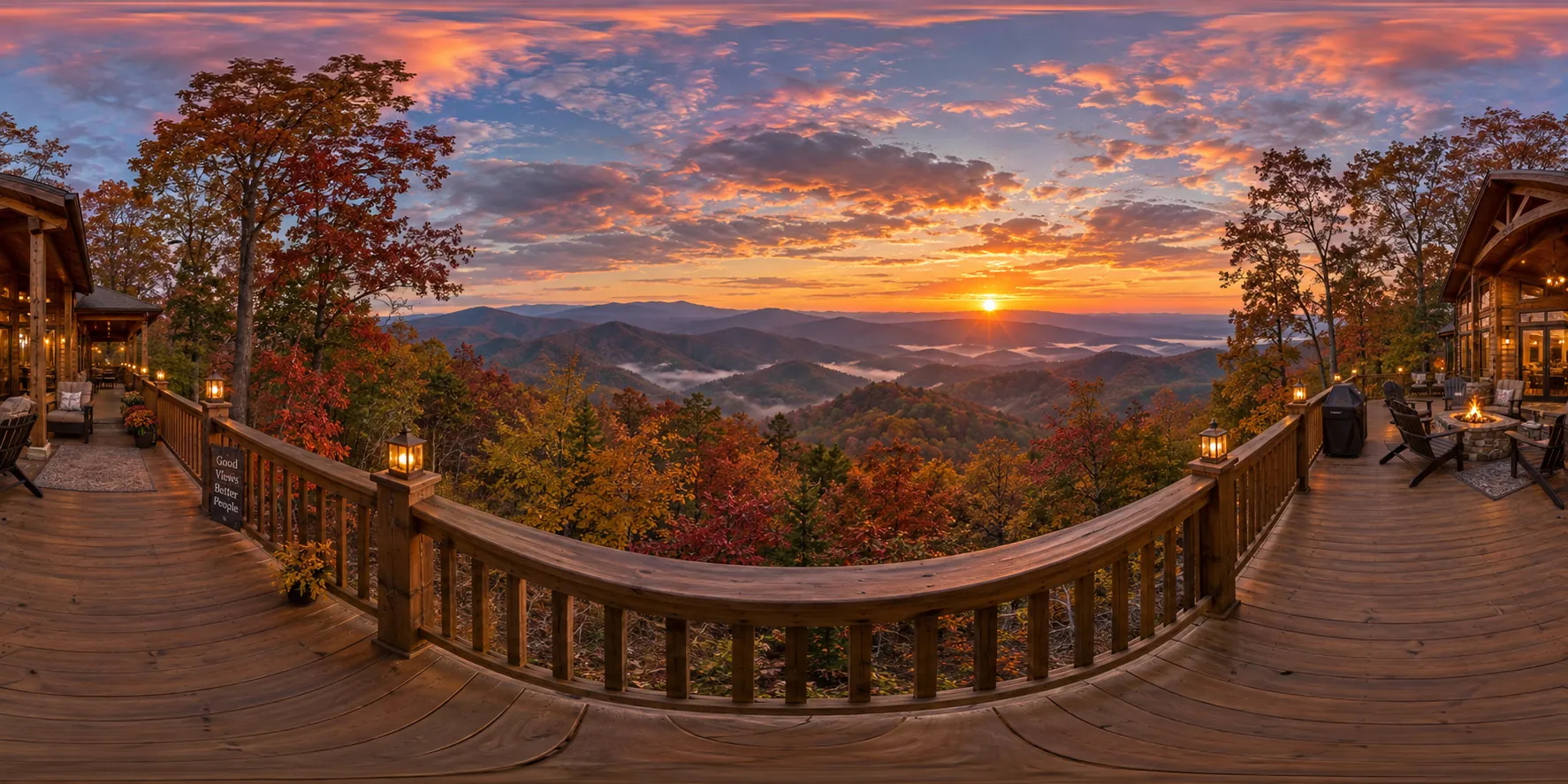 Sunset over mountains from a cabin deck, captured as a 360 photo